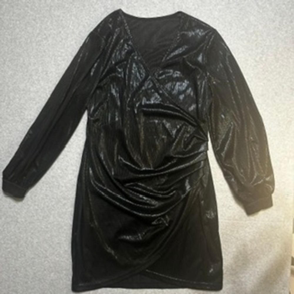 Shein Curve Metallic Black Ruched Wrap Mini Dress Long Sleeve 0XL Plus Size